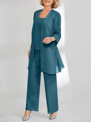 Chiffon Sequins Scoop Ankle Length Mother Of The Bride Pantsuits With Jacket