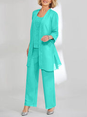 Chiffon Sequins Scoop Ankle-Length Mother of the Bride Pantsuits with Jacket