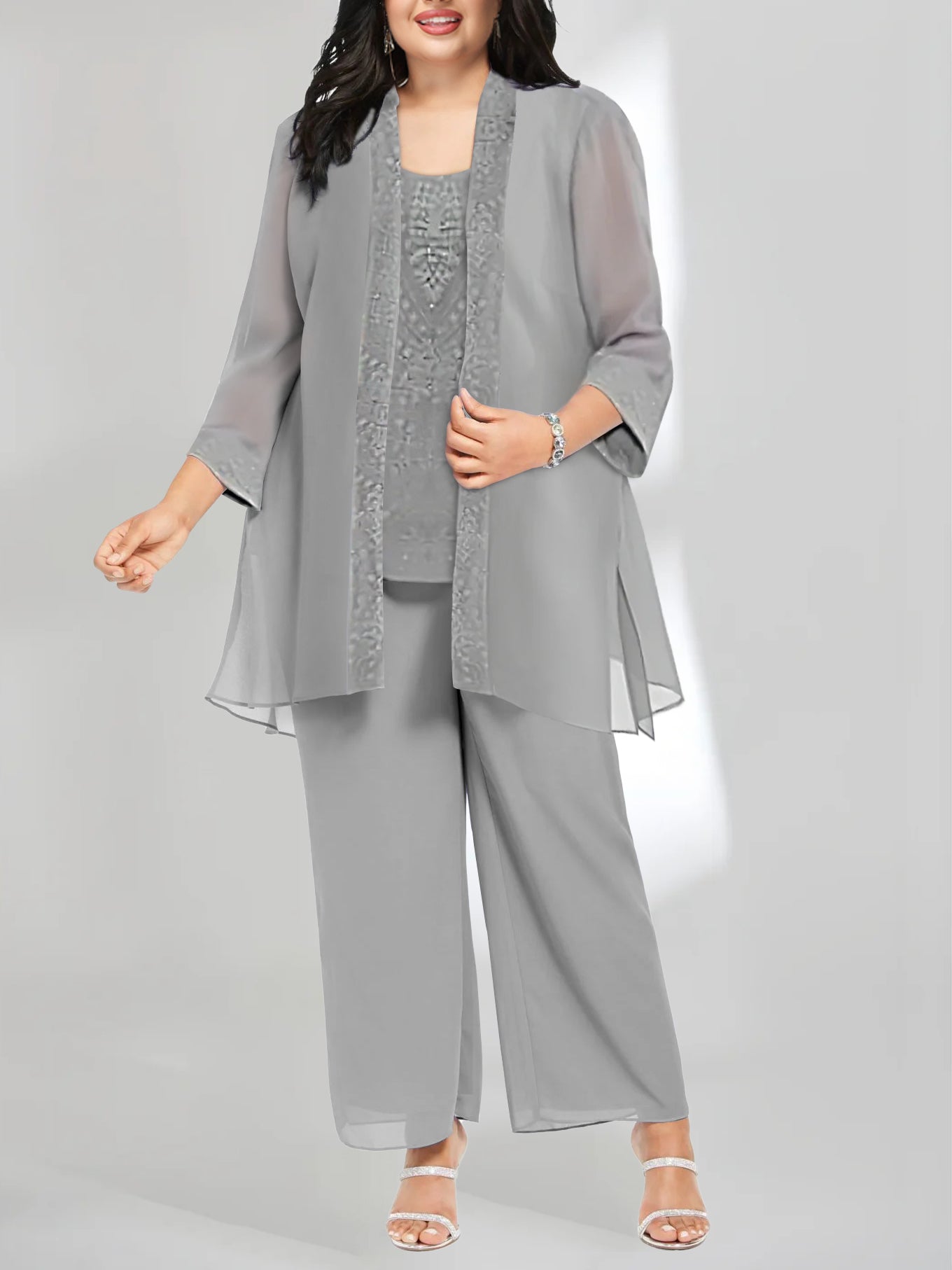 Chiffon Sequins Scoop Ankle Length Mother Of The Bride Pantsuits With Jacket