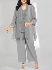 Chiffon Sequins Scoop Ankle Length Mother Of The Bride Pantsuits With Jacket