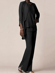 Chiffon Scoop Long Sleeves Floor Length Mother Of The Bride Pantsuits With Ruffles
