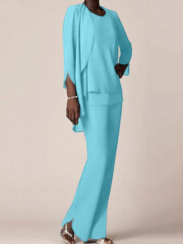 Chiffon Scoop Long Sleeves Floor Length Mother Of The Bride Pantsuits With Ruffles