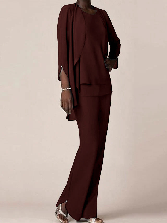 Chiffon Scoop Long Sleeves Floor Length Mother Of The Bride Pantsuits With Ruffles
