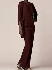 Chiffon Scoop Long Sleeves Floor-Length Mother of the Bride Pantsuits with Ruffles