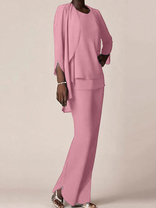 Chiffon Scoop Long Sleeves Floor Length Mother Of The Bride Pantsuits With Ruffles