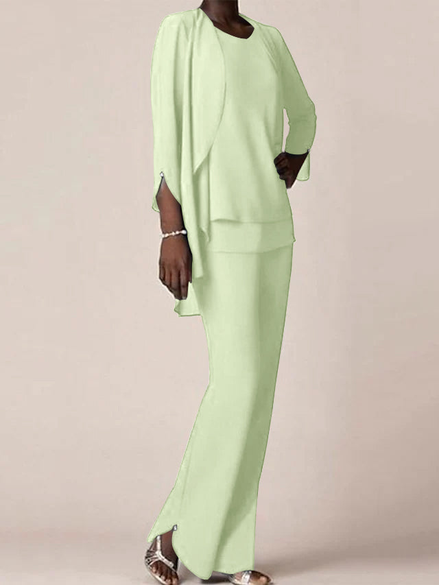 Chiffon Scoop Long Sleeves Floor Length Mother Of The Bride Pantsuits With Ruffles