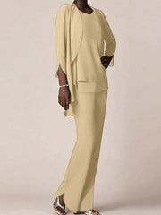 Chiffon Scoop Long Sleeves Floor-Length Mother of the Bride Pantsuits with Ruffles