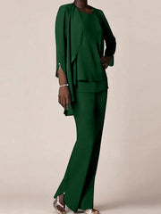 Chiffon Scoop Long Sleeves Floor-Length Mother of the Bride Pantsuits with Ruffles