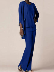 Chiffon Scoop Long Sleeves Floor-Length Mother of the Bride Pantsuits with Ruffles