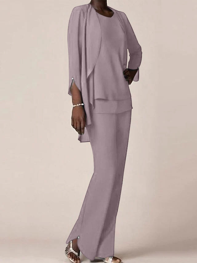 Chiffon Scoop Long Sleeves Floor Length Mother Of The Bride Pantsuits With Ruffles