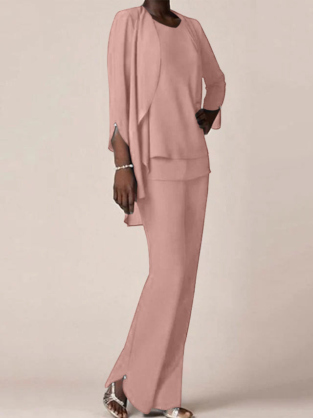 Chiffon Scoop Long Sleeves Floor Length Mother Of The Bride Pantsuits With Ruffles