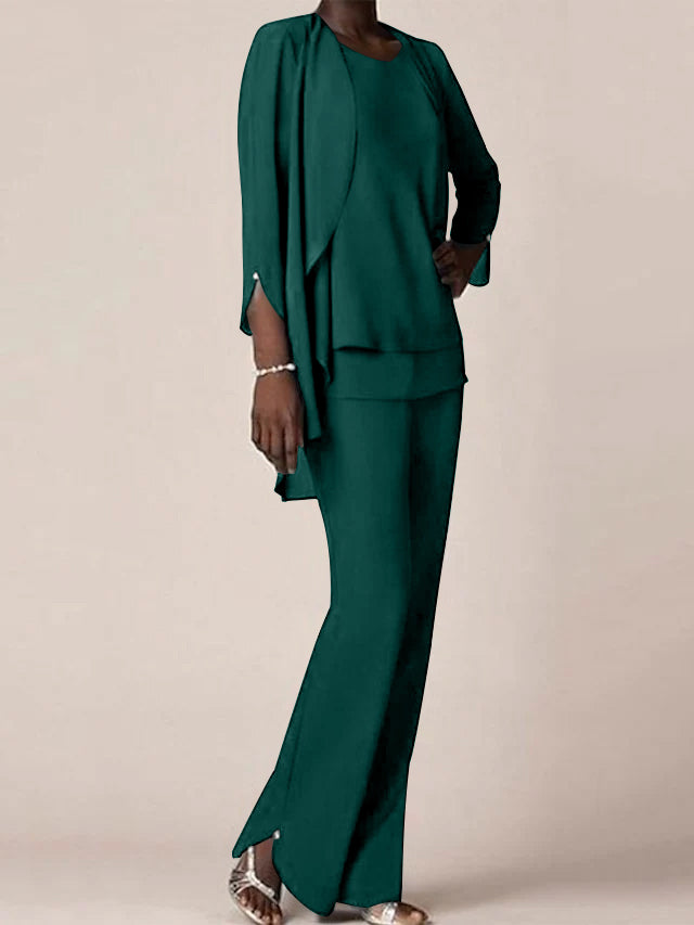 Chiffon Scoop Long Sleeves Floor Length Mother Of The Bride Pantsuits With Ruffles