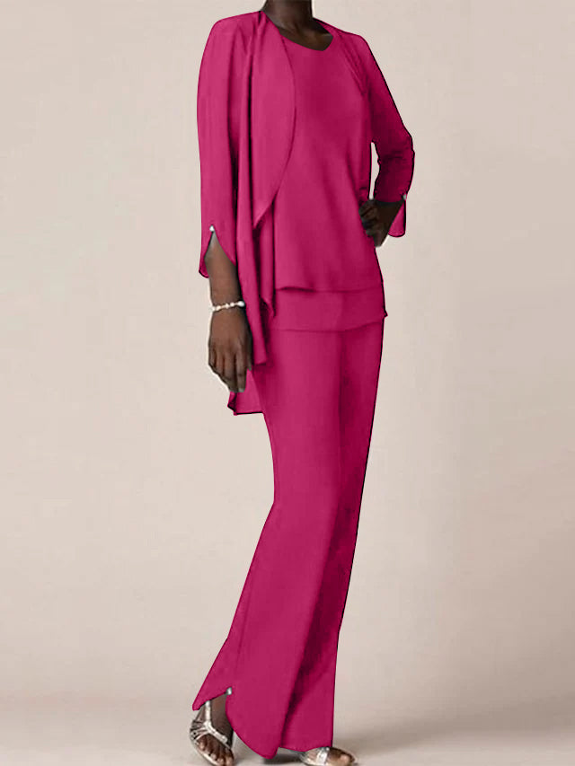 Chiffon Scoop Long Sleeves Floor Length Mother Of The Bride Pantsuits With Ruffles