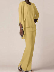 Chiffon Scoop Long Sleeves Floor Length Mother Of The Bride Pantsuits With Ruffles