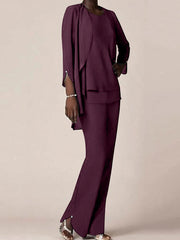 Chiffon Scoop Long Sleeves Floor-Length Mother of the Bride Pantsuits with Ruffles