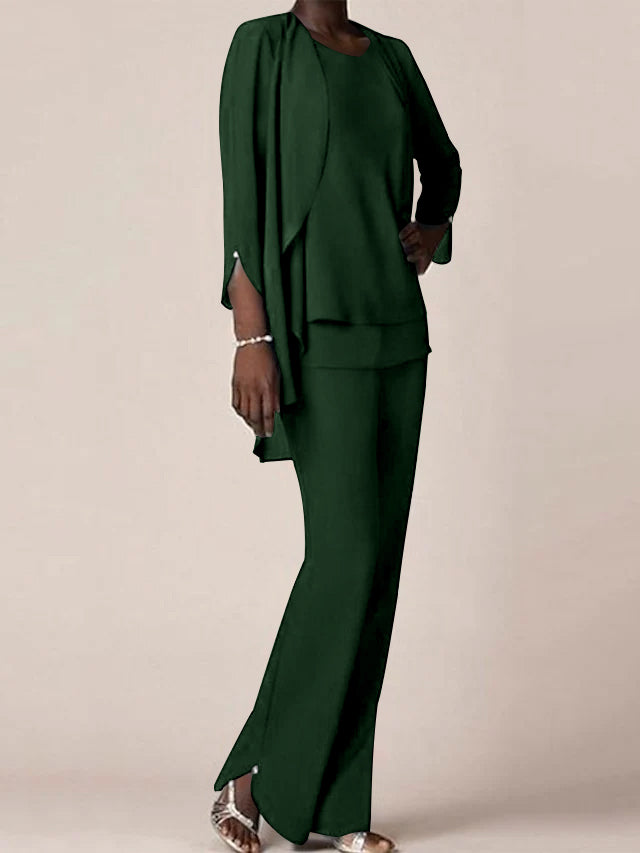 Chiffon Scoop Long Sleeves Floor Length Mother Of The Bride Pantsuits With Ruffles
