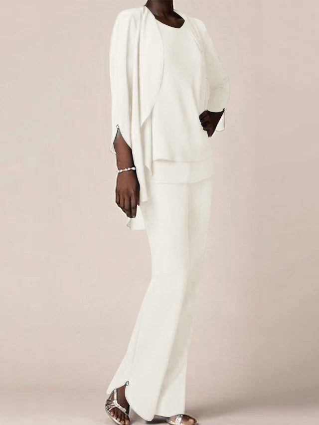 Chiffon Scoop Long Sleeves Floor Length Mother Of The Bride Pantsuits With Ruffles