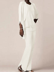 Chiffon Scoop Long Sleeves Floor Length Mother Of The Bride Pantsuits With Ruffles
