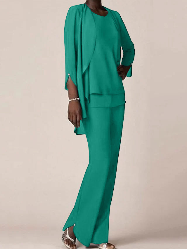 Chiffon Scoop Long Sleeves Floor Length Mother Of The Bride Pantsuits With Ruffles
