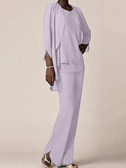 Chiffon Scoop Long Sleeves Floor-Length Mother of the Bride Pantsuits with Ruffles