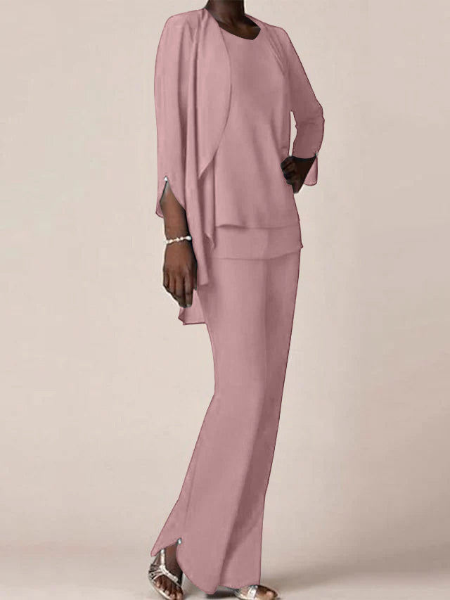 Chiffon Scoop Long Sleeves Floor Length Mother Of The Bride Pantsuits With Ruffles