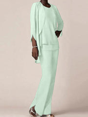 Chiffon Scoop Long Sleeves Floor Length Mother Of The Bride Pantsuits With Ruffles