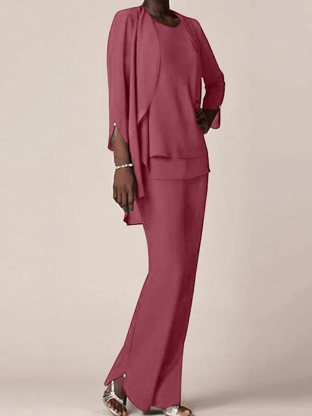 Chiffon Scoop Long Sleeves Floor Length Mother Of The Bride Pantsuits With Ruffles