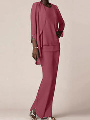Chiffon Scoop Long Sleeves Floor Length Mother Of The Bride Pantsuits With Ruffles