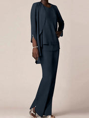 Chiffon Scoop Long Sleeves Floor Length Mother Of The Bride Pantsuits With Ruffles