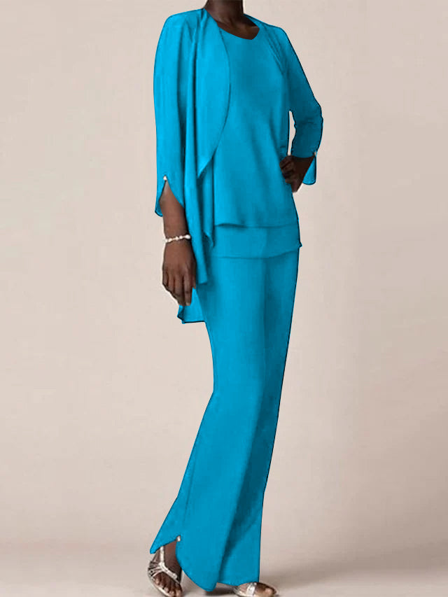 Chiffon Scoop Long Sleeves Floor Length Mother Of The Bride Pantsuits With Ruffles