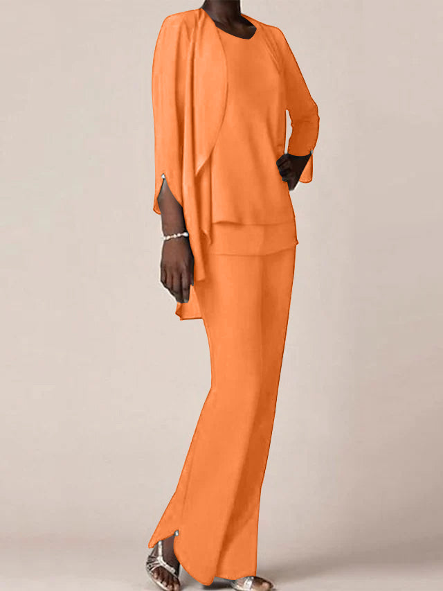Chiffon Scoop Long Sleeves Floor Length Mother Of The Bride Pantsuits With Ruffles