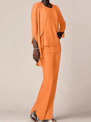 Chiffon Scoop Long Sleeves Floor-Length Mother of the Bride Pantsuits with Ruffles