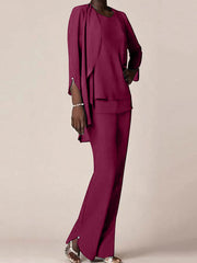 Chiffon Scoop Long Sleeves Floor-Length Mother of the Bride Pantsuits with Ruffles