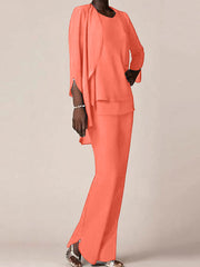 Chiffon Scoop Long Sleeves Floor Length Mother Of The Bride Pantsuits With Ruffles