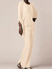 Chiffon Scoop Long Sleeves Floor-Length Mother of the Bride Pantsuits with Ruffles