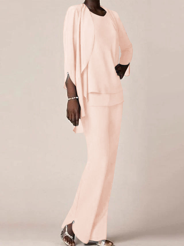 Chiffon Scoop Long Sleeves Floor Length Mother Of The Bride Pantsuits With Ruffles