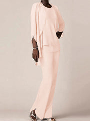 Chiffon Scoop Long Sleeves Floor Length Mother Of The Bride Pantsuits With Ruffles