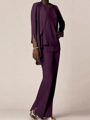 Chiffon Scoop Long Sleeves Floor-Length Mother of the Bride Pantsuits with Ruffles