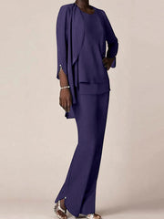 Chiffon Scoop Long Sleeves Floor Length Mother Of The Bride Pantsuits With Ruffles