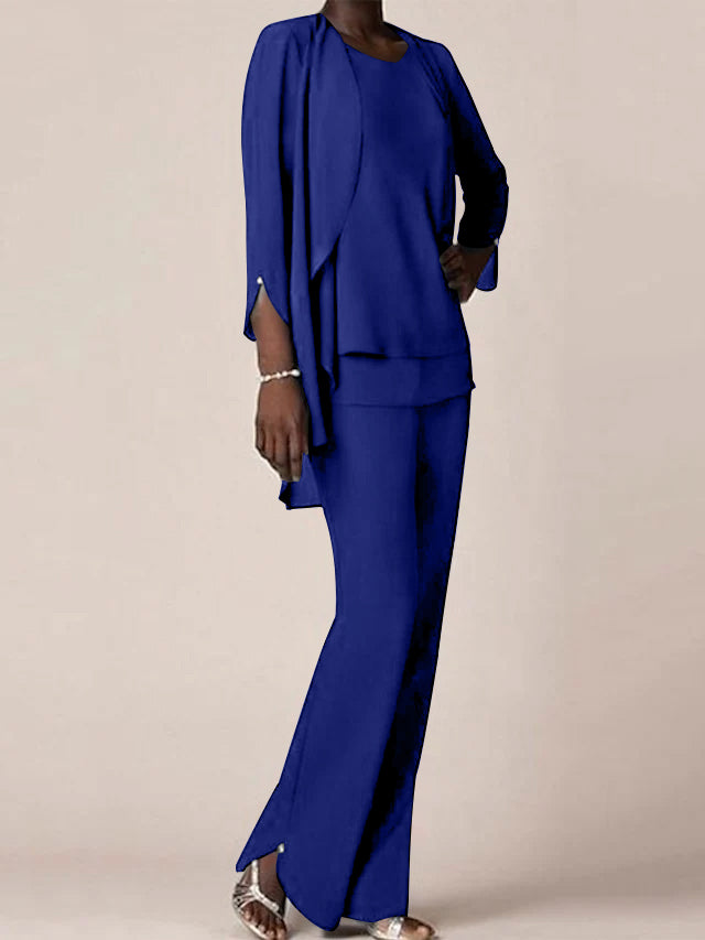Chiffon Scoop Long Sleeves Floor Length Mother Of The Bride Pantsuits With Ruffles
