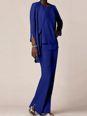 Chiffon Scoop Long Sleeves Floor-Length Mother of the Bride Pantsuits with Ruffles