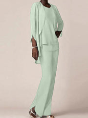 Chiffon Scoop Long Sleeves Floor Length Mother Of The Bride Pantsuits With Ruffles