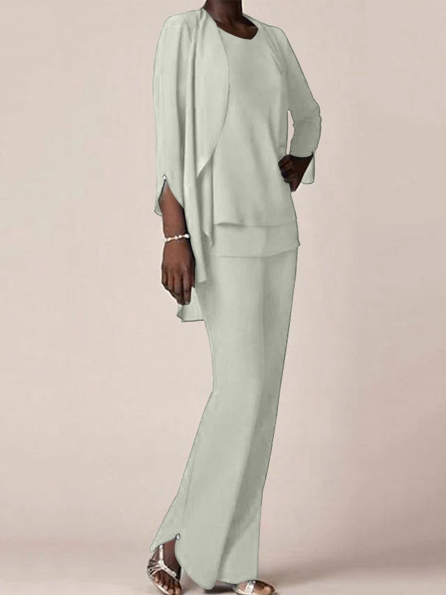 Chiffon Scoop Long Sleeves Floor Length Mother Of The Bride Pantsuits With Ruffles