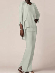 Chiffon Scoop Long Sleeves Floor Length Mother Of The Bride Pantsuits With Ruffles