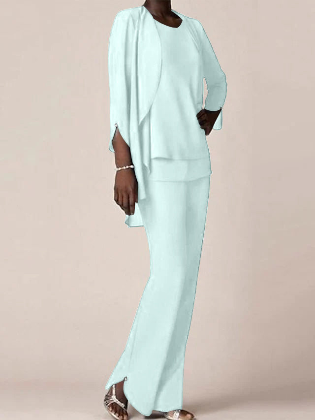 Chiffon Scoop Long Sleeves Floor Length Mother Of The Bride Pantsuits With Ruffles