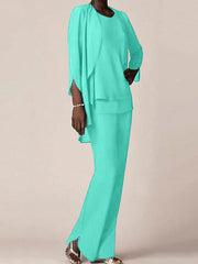 Chiffon Scoop Long Sleeves Floor Length Mother Of The Bride Pantsuits With Ruffles