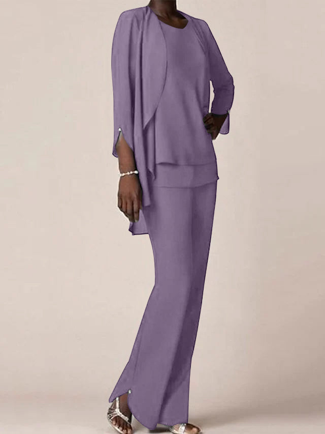 Chiffon Scoop Long Sleeves Floor Length Mother Of The Bride Pantsuits With Ruffles