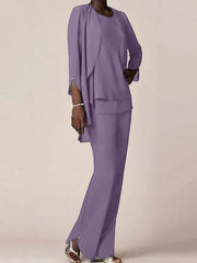 Chiffon Scoop Long Sleeves Floor-Length Mother of the Bride Pantsuits with Ruffles