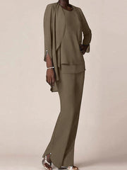 Chiffon Scoop Long Sleeves Floor Length Mother Of The Bride Pantsuits With Ruffles