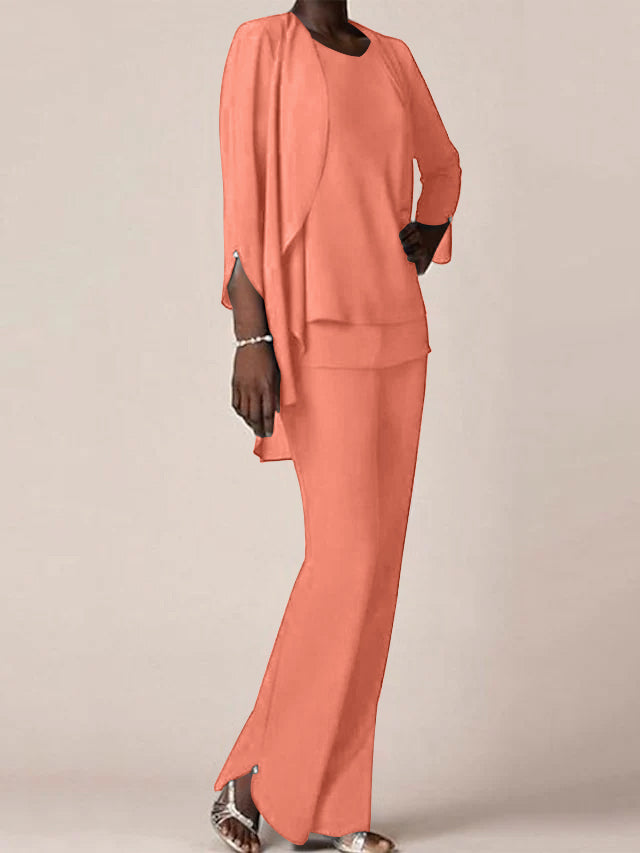 Chiffon Scoop Long Sleeves Floor Length Mother Of The Bride Pantsuits With Ruffles